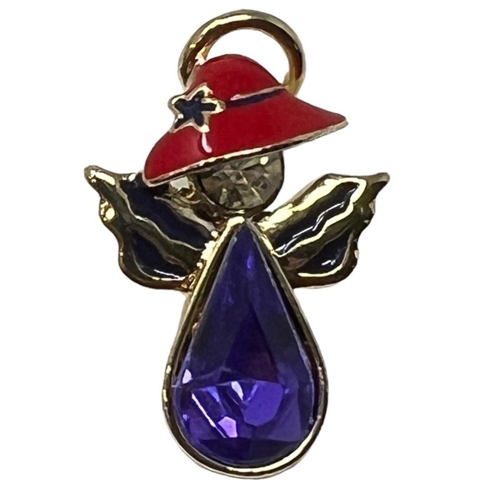 Red Hat Lady Angel Pin Purple Crystal Stone Dress Gold Tone Brooch